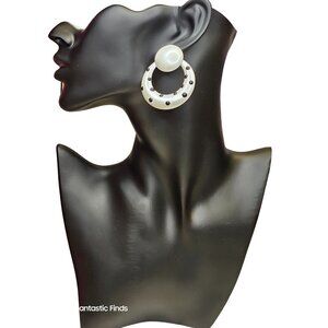 Vintage White Circle Black Polka Dot Earrings‎